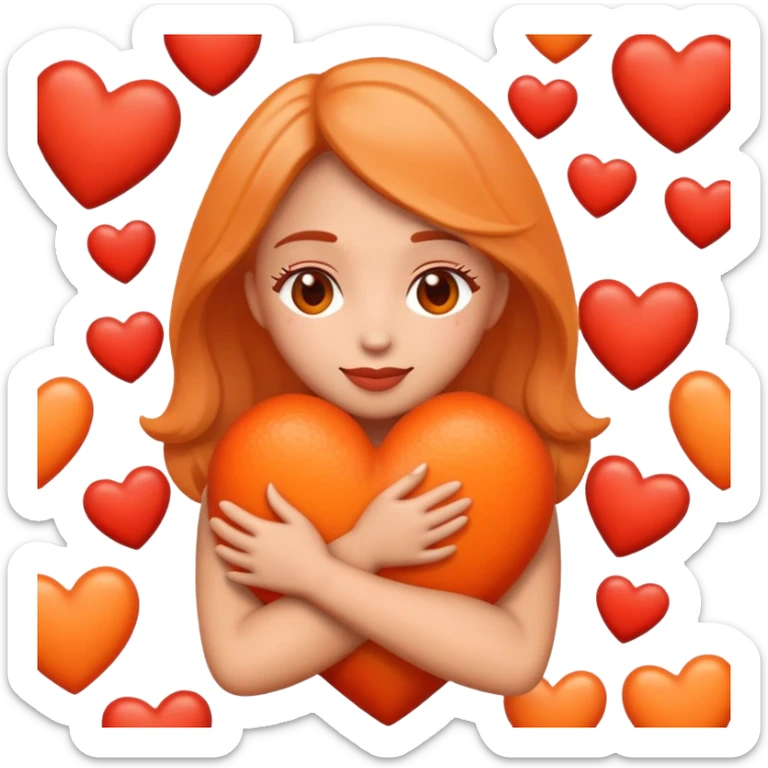 iphone style emoji of a woman hugging tons of hearts in orange and red colours sticker