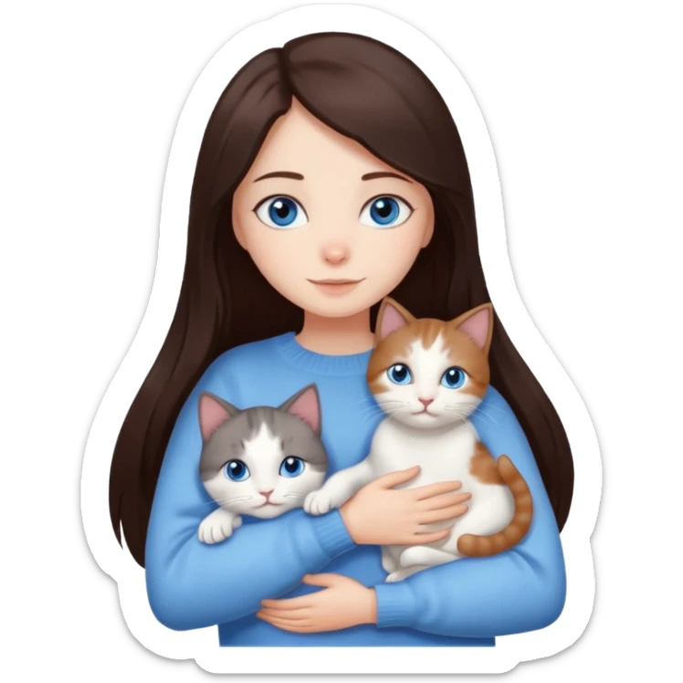 a girl with long dark 
brown hair, with blue eyes, in a
white sweater, hugs 3 different natural coloured cats sticker