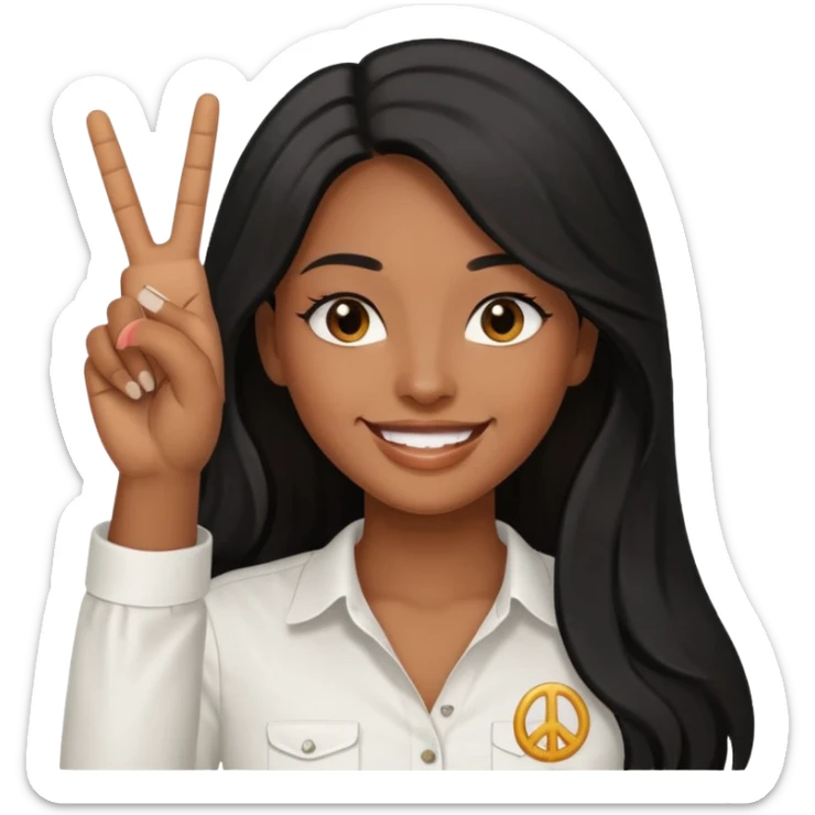 pretty brown skin woman with long black hair and brown eyes holding up the peace sign sticker