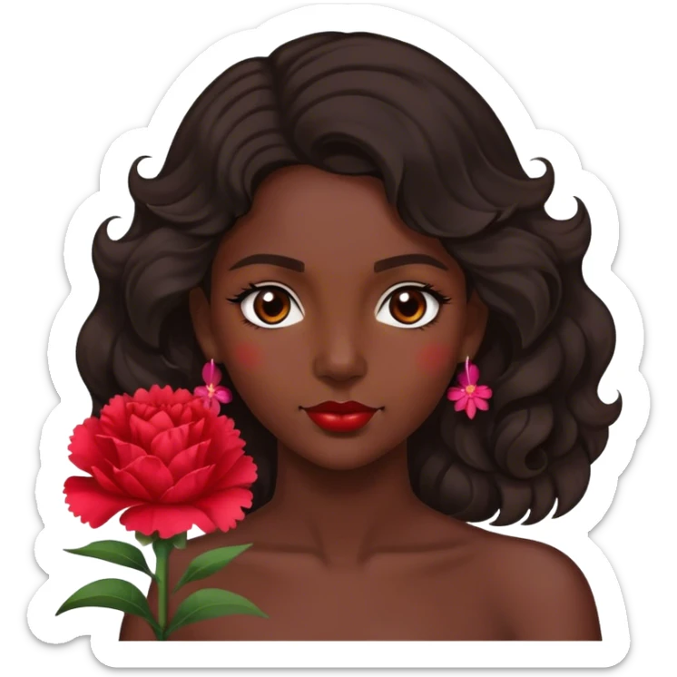 A Gypsy-origin woman with dark wavy hair, a single red carnation behind one ear, and a confident gaz sticker