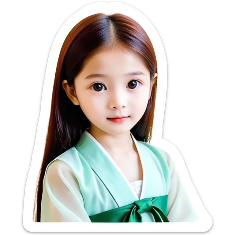 bé 10 tuổi, da trắng, có vết bẩn màu nâu trên má, tóc ngắn, xoăn, màu đen, áo màu xanh lá cây, nửa thân trên sticker