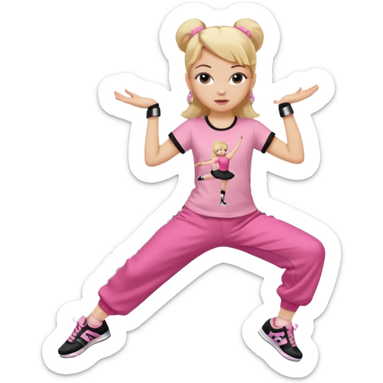 Hiphop dancer, with cute big pants, sneakers, and t-shirt. White girl blond. Coloufull shirt. No pocket pants. Dancing. Pink and black plain outfit. No sweatbands on the wrist, black music box behind her. Ballerina pose sticker