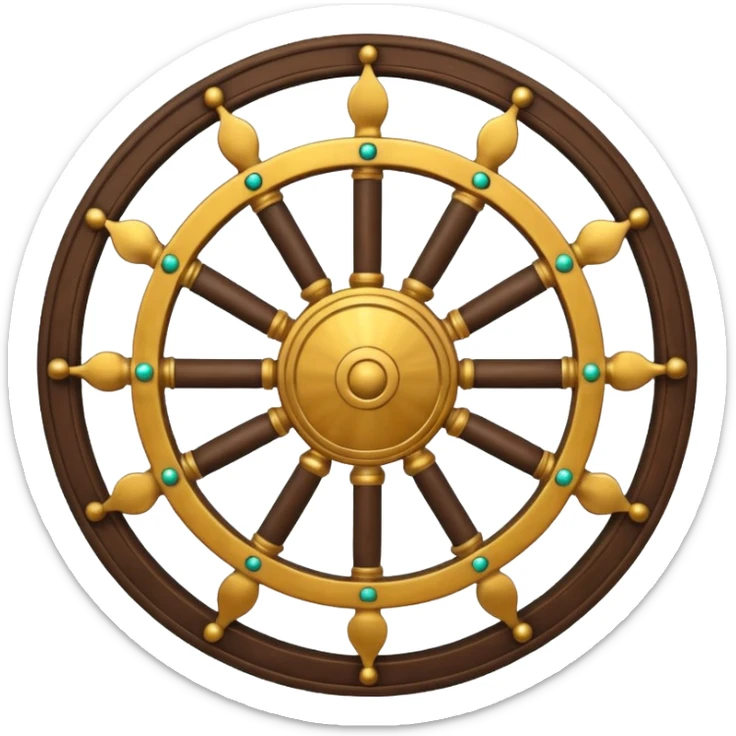 Tibetan Wheel of Life emoji, central hub with radiating spokes, decorated with small symbolic figures, simple spiritual style sticker