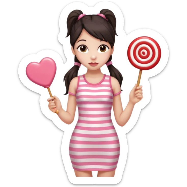 Girl with long dark ponytails wearing light pink bodycon dress holding a lollipop sticker