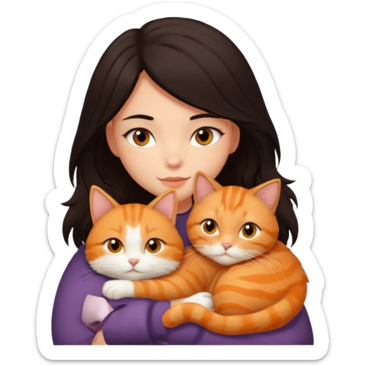 dark-black-brown-hair-to-shoulder girl with brown eyes snuggled with orange tabby cat sticker