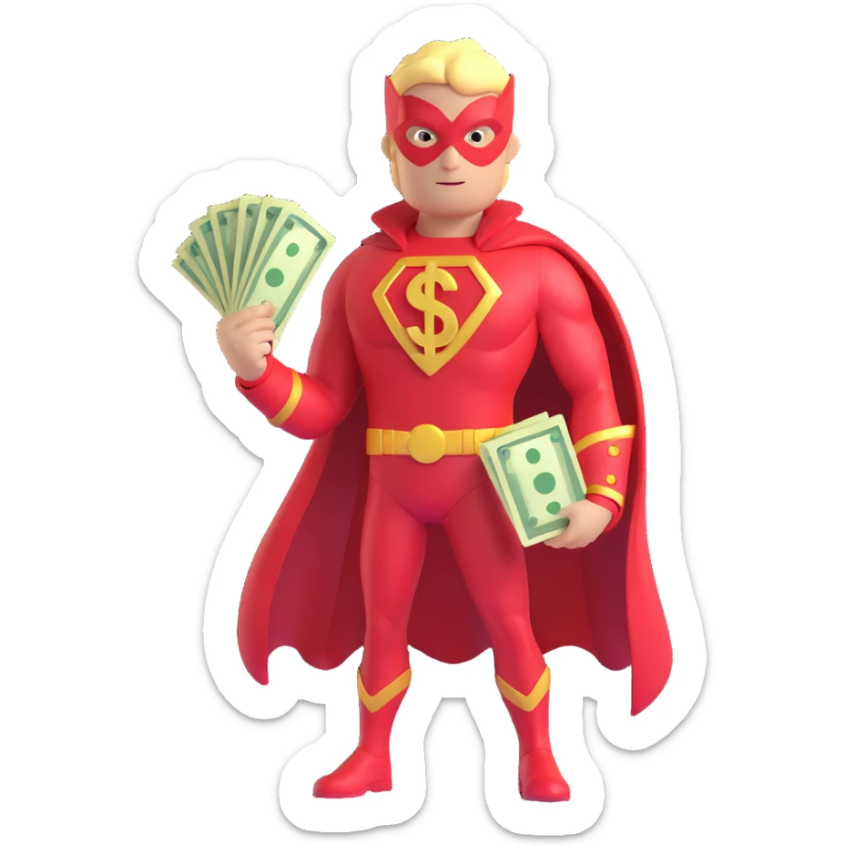 running superhero with red and gold suit, holding glowing money symbol, 3D toon style sticker