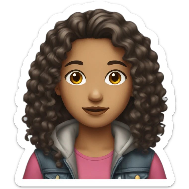 a girl with long dark brown curly hair with street wear sticker