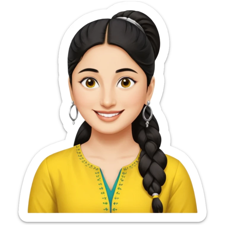 generate a pretty bratz emoji that looks like Kareena Kapoor's Geet character. 
Make her wear a yellow kurti, silver hoops, black hair in a ponytail. smiling big sticker