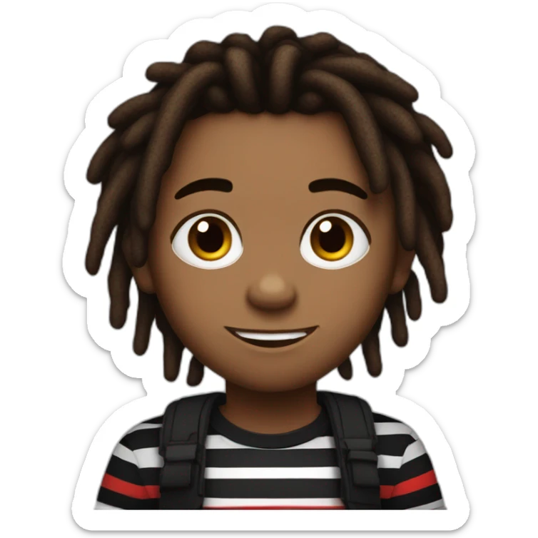 Cute brown skin boy with red and black striped colored dreads wearing a black shirt not smiling sticker