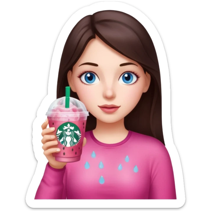 make an emoji of a brunette blue eye girl wearing pink drinking a strawberry acai refresher from starbucks sticker