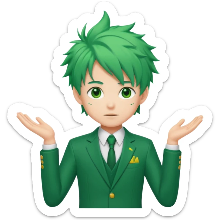 deku : boy anmie green hair green eyes in a ua suit with frenkles sticker