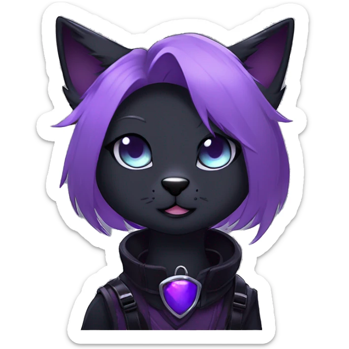 Gorgeous furry gothic dark techwear anime style anthro black cat furry sona Fakemon with blushing face aesthetic and pretty edgy black with violet collar and harness trending style sticker