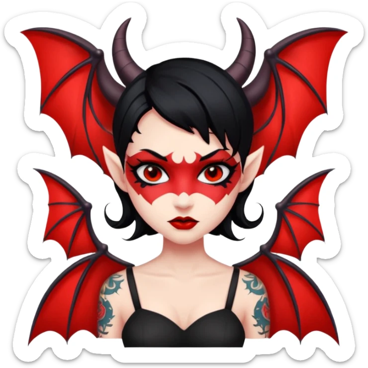 Demon girl: red skin, black hair, small horns, bat wing; tattoo-flash comic style; red/black palette; bold outlines; dark background; no text. sticker