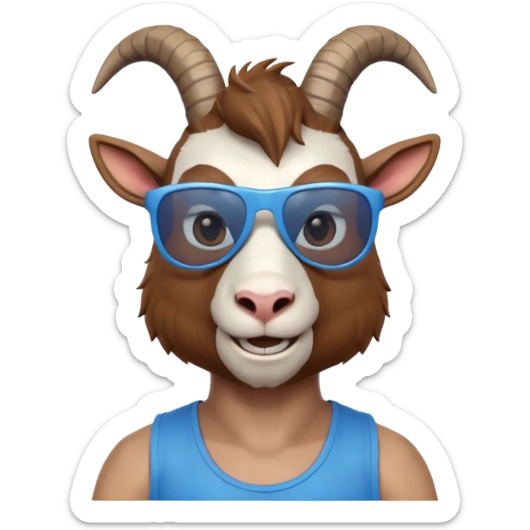 3D cartoon goat man portrait, head and shoulders, brown fur, small horns, blue reflective sunglasses, slight smile, tank top, soft lighting, centered, clean background, no text, no watermark
 sticker