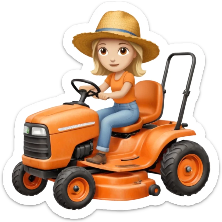 White woman without glasses wearing a straw hat, on old orange ride on lawn mower.  sticker