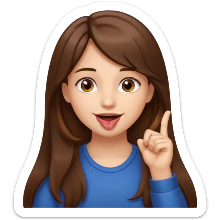 Emoji Fille cheveux long et brun yeux brun avec un doigt dans la bouche et sa mains un peut lancer et quel elle sourit  sticker