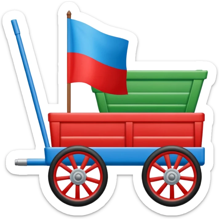 Un emoji drapeau rectangulaire avec la moitié du haut en bleu et l’autre moitié du bas en vert avec une roue de roulotte rouge au centre assez grande que la roue  sticker