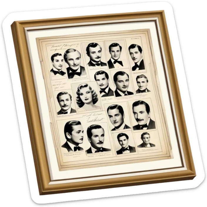 Icon for Autograph Collecting: several vintage framed with signatures of famous celebrities sheets stacked one on top of the other, each . The icon should evoke the charm and history of collecting autographs. Transparent background. sticker
