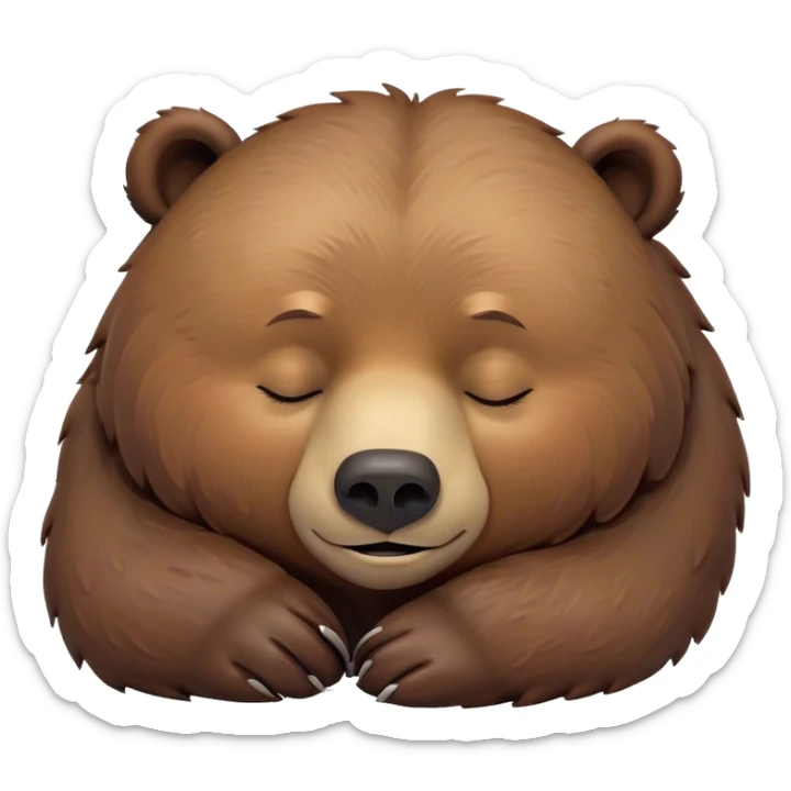 Meme-Worthy Cute Sleeping Grizzly Bear Portrait Emoji, Head resting peacefully with a contented smile, showcasing a massive, robust build and a luxuriously soft deep brown fur, eyes shut in a serene, restful nap, Simplified yet hilariously adorable features, highly detailed, glowing with a soft, drowsy light, high shine, relaxed and utterly lovable, stylized with an air of playful laziness, bright and heartwarming, soft glowing outline, capturing the essence of a comically sleepy grizzly, so meme-worthy it feels like it could instantly become the next viral sensation of adorable slumber! sticker