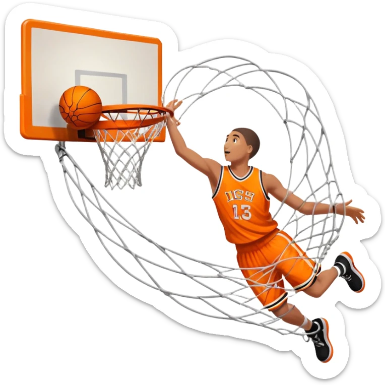 A close-up shot of a basketball soaring through the air and perfectly swishing into the basketball hoop. The ball is in mid-motion, with the net gently moving as the ball makes contact. The background shows a vibrant court with clear markings, capturing the excitement of a successful shot sticker