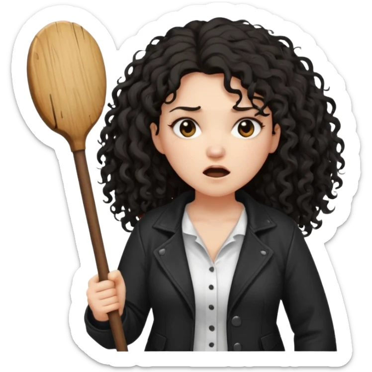 Hej, proszę wygeneruj mi emoji która przedstawia kobietę biała karnacja długie czarne kręcone rozczochrane włosy lekko grubsza, ubrana jest w białą koszulkę oraz czarną rozpiętą kurtkę jest w furii trzyma w rękach wielki badyl sticker