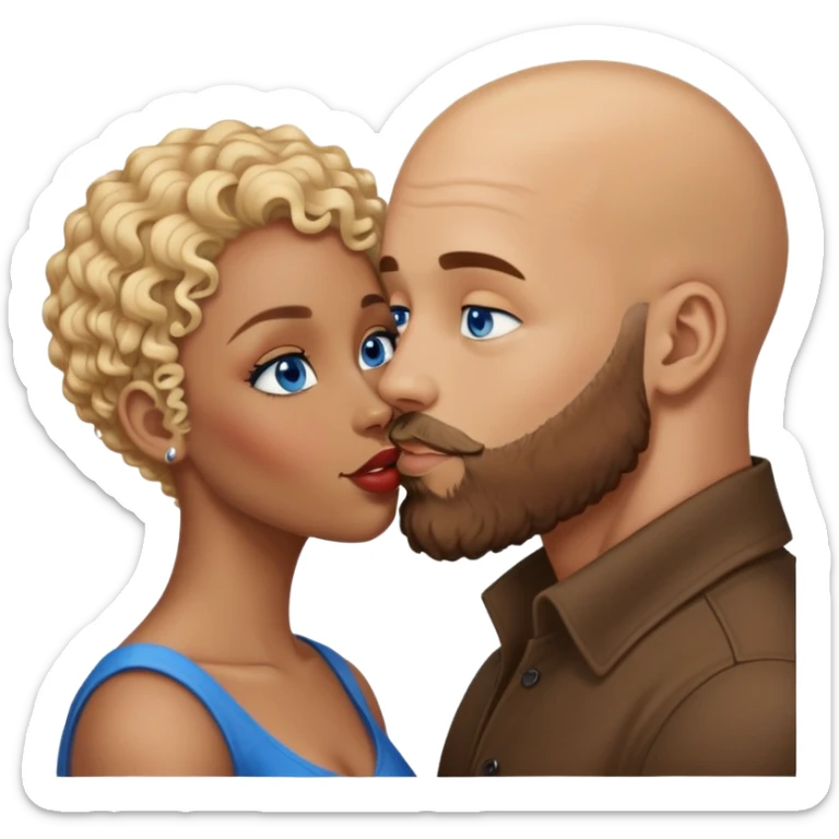 bald head man with beard kissing African woman with blue eyes and curly blonde hair sticker