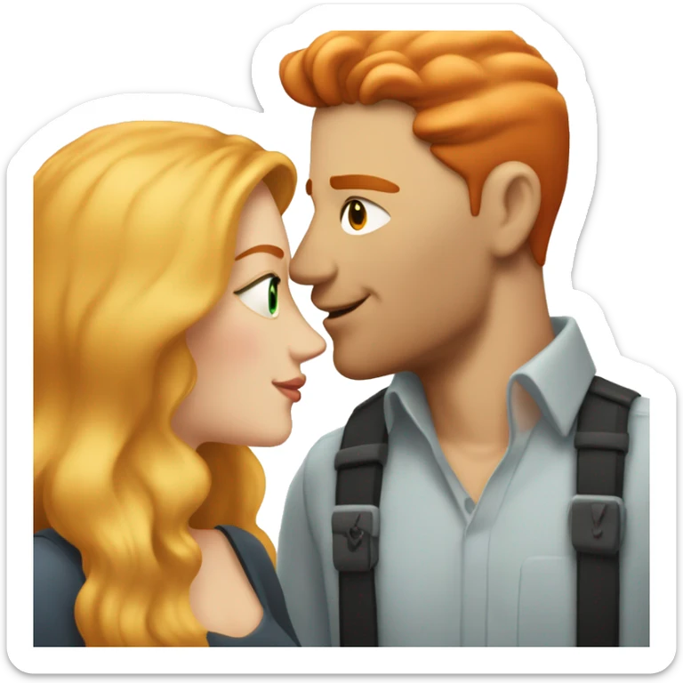 Tall man with short edgy bright red hair, no beard, kissing a woman with long blonde hair, both with fair skin, sticker