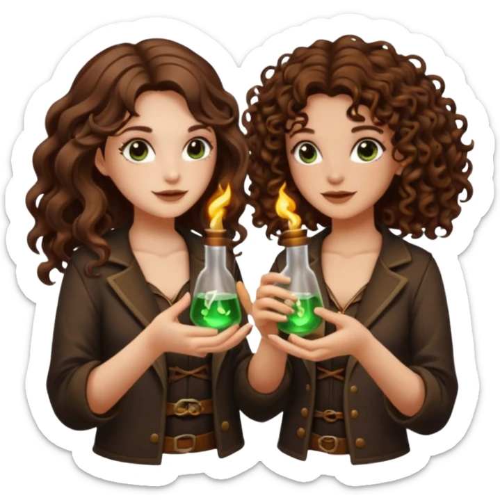 two forest alchemist women one long wavy brown hair tattoos one short tight curly brown hair clinking glowing vials sticker