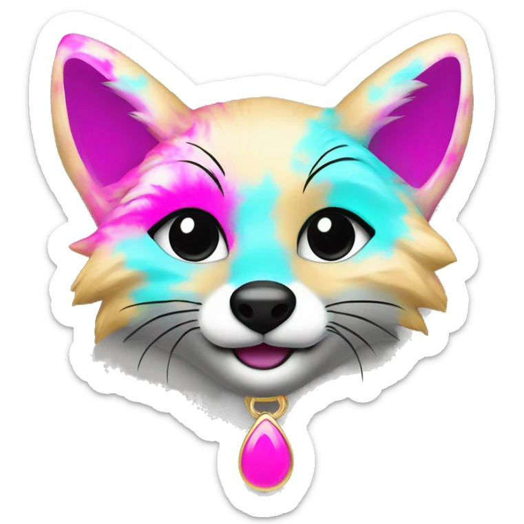 Tie dye beige gray fox in pink cyan magenta black gold jewellery sticker