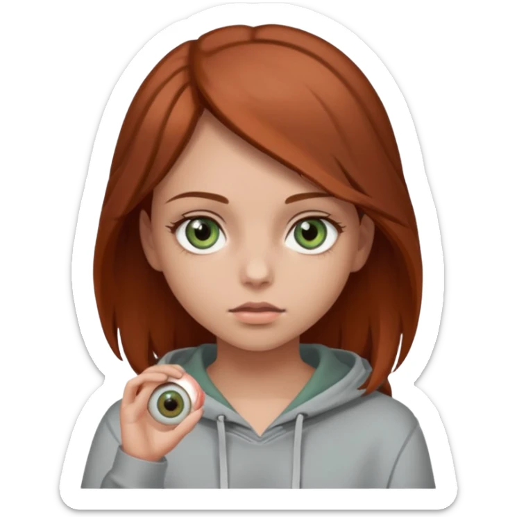 A girl with medium-length reddish-brown hair and hazel-green eyes, wearing a gray hoodie and holding an eyeball.  sticker