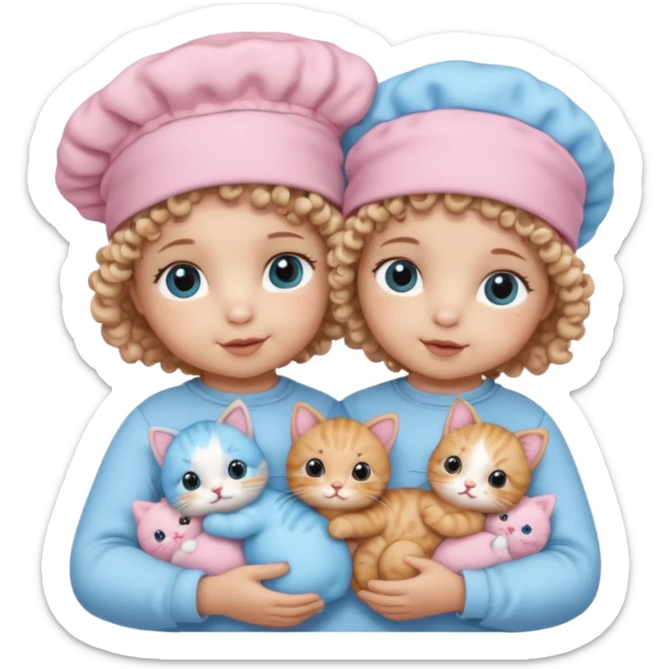 Curly hair baby twins with one wearing a baby pink bonnet and one wearing a baby blue bonnet while holding cat plushies sticker