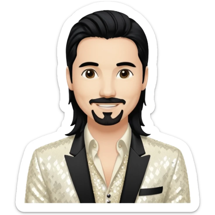 Kevin Richardson from Backstreet Boys with long black hair, ivory sequin outfit sticker