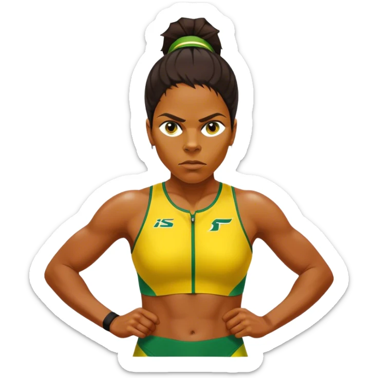 Cinematic Realistic portrait of Cathy Freeman, shown as an iconic Australian sprinter with a focused, determined expression and modern athletic yellow and green attire accented with subtle native motifs, rendered in dynamic, vibrant lighting sticker