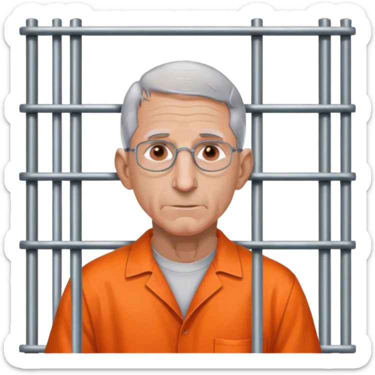 Make a picture of Anthony Fauci wearing an orange jumpsuit and behind bars make her look worried but only about herself sticker