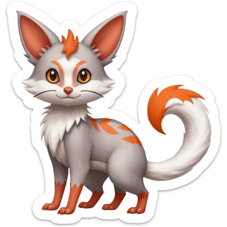 Minccino-Lykoi-Emolga-Pachirisu-Zangoose-fusion-hybrid-animal-Fakémon-creature, full body, thin long sleek scaly tail, intricate markings sticker