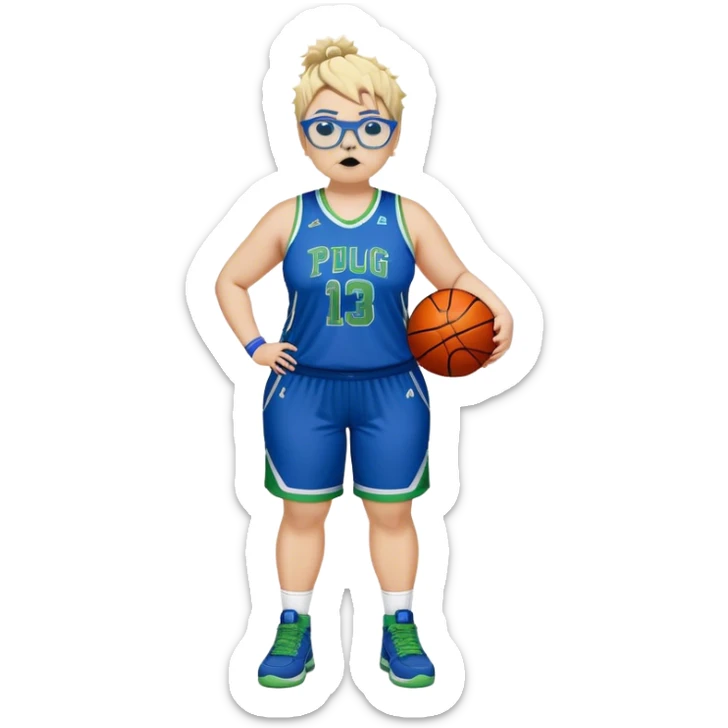 full body white plus size women basketball player pug nose with short spiky dark hair with added blond highlights wearing blue glasses wearing blue and green uniform sticker