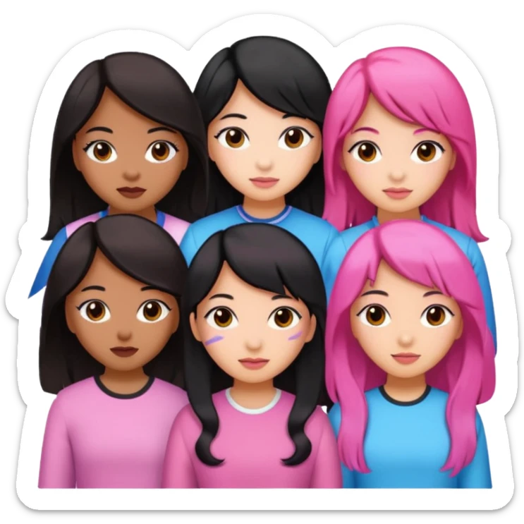 Katseye music group 6 members all girl 2 brown girl 1 korean 1 latina 1 girl black hair pink highlights sticker