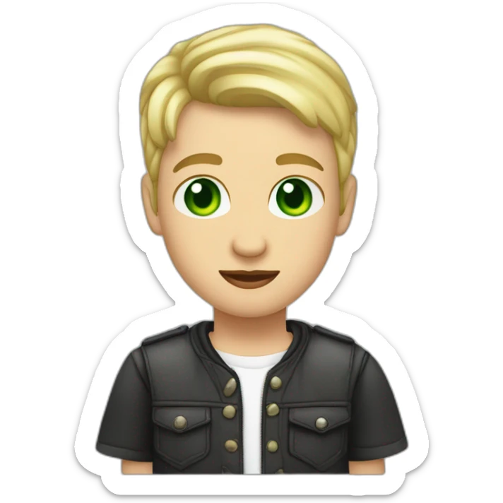 young 20 yearl old boy, blond hair whit buzz cut wearning earring, green eyes and moustache sticker