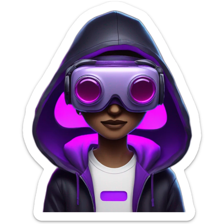 Cyberpunk style. Violet neon. Man with light skin in the black hoody with violet OMG VR logo on it wearing vr headset oculus quest 2 sticker