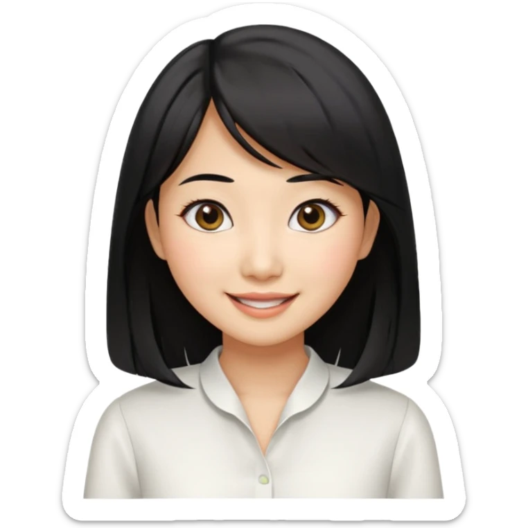 30 yr old asian woman center parted hair big eyes big smile tanned skin straight black hair hippie part hair white blouse shoulder length hair middle parted hair few short bangs at front sticker