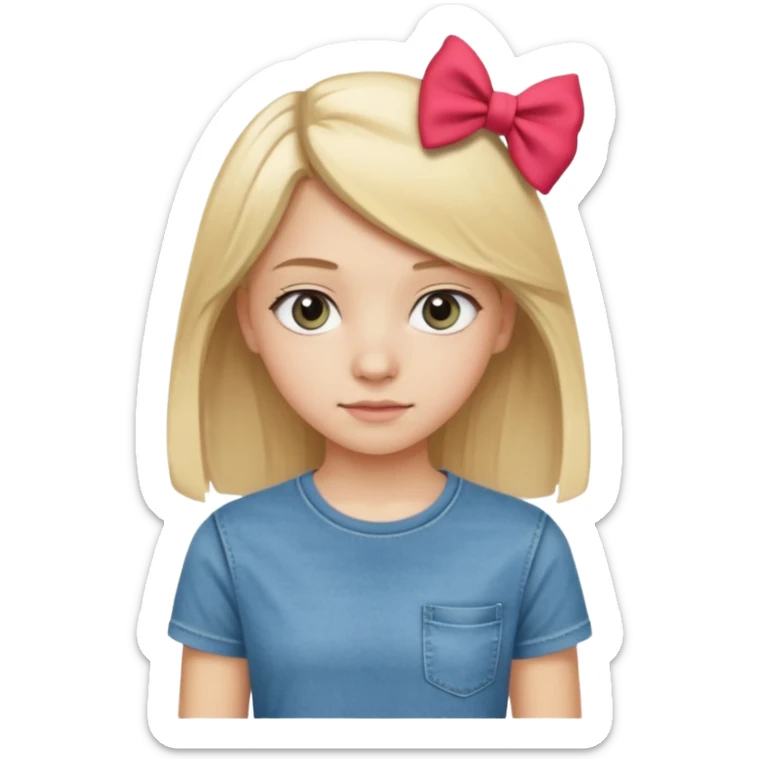 14 years old girl, with blonde hair, grey eyes. Wearing t-shirt and jeans. Wearing a bow sticker