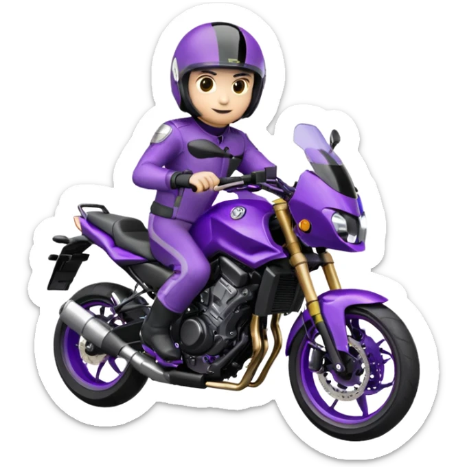 Créer un emoji avec une moto mt07 sport noir mate / violet iridescent très foncé, pare-brise de la moto violet. Avec une pilote dessus, visage complet caché  par la visière violette . Avec en arrière plan cercle violet. sticker