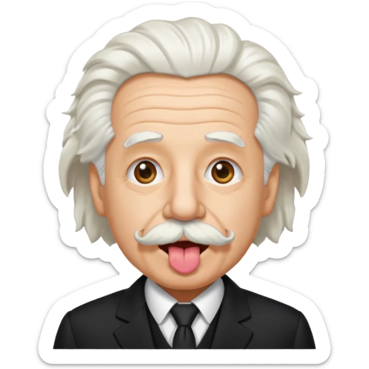 Einstein sticking his tongue out, simplified emoji style, white hair, mustache, suit sticker