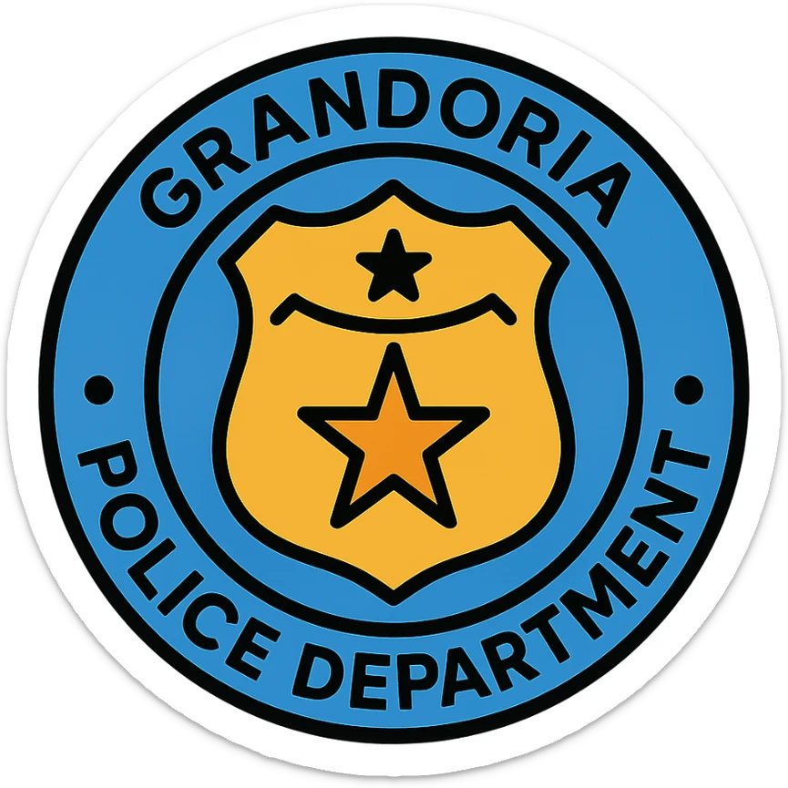 circular police logo with text 'GRANDORİA POLİCE DEPARTMENT', classic police badge elements, bold and official look, suitable for police department emblem, detailed lineal color icon style sticker