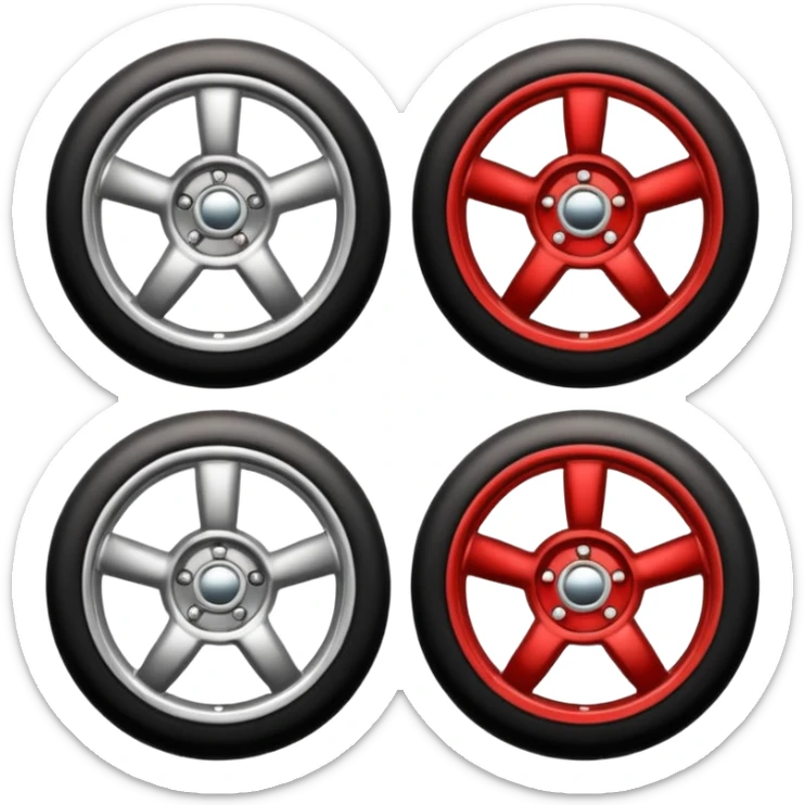 Emoji-style car membership badges: silver wheel, bronze exhaust, red rims, black spoiler, gold wheel — in progression." sticker