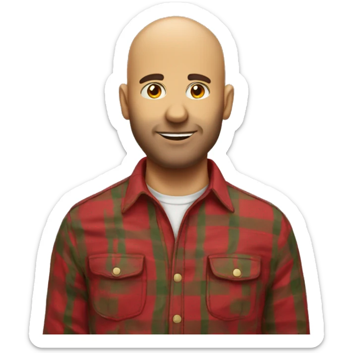 Italian male mid 30, short bear, bald, wearing a yellow and red flannel shirt sticker