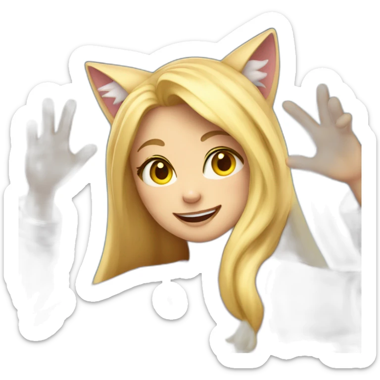 Catgirl with long blond hair yellow eyes in Choral pajamas waving sticker