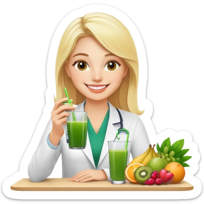 Create an emoji-style illustration of a young blonde nutritionist. She is smiling, sitting at a table with various fresh fruits, and holding a glass of green juice in her hand. The style should be simple, colorful, and friendly, resembling modern emoji aesthetics. sticker
