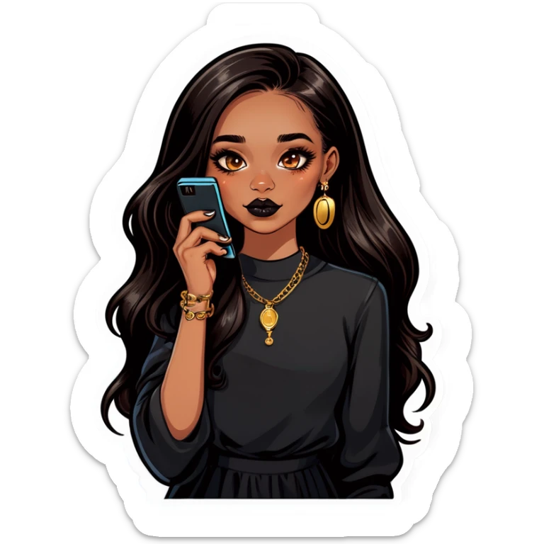 Beautiful young girl with dark choppy long hair flows as she holds her black phone with a gold septum ring that shines  sticker