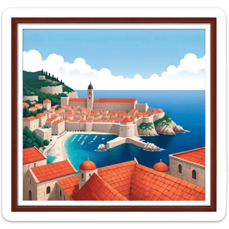 Cinematic Realistic aerial view of the historic city of Dubrovnik, showcasing its iconic red-roofed architecture, fortified walls, and sparkling Adriatic coastline, rendered with rich textures and warm Mediterranean lighting that captures its old-world charm. sticker